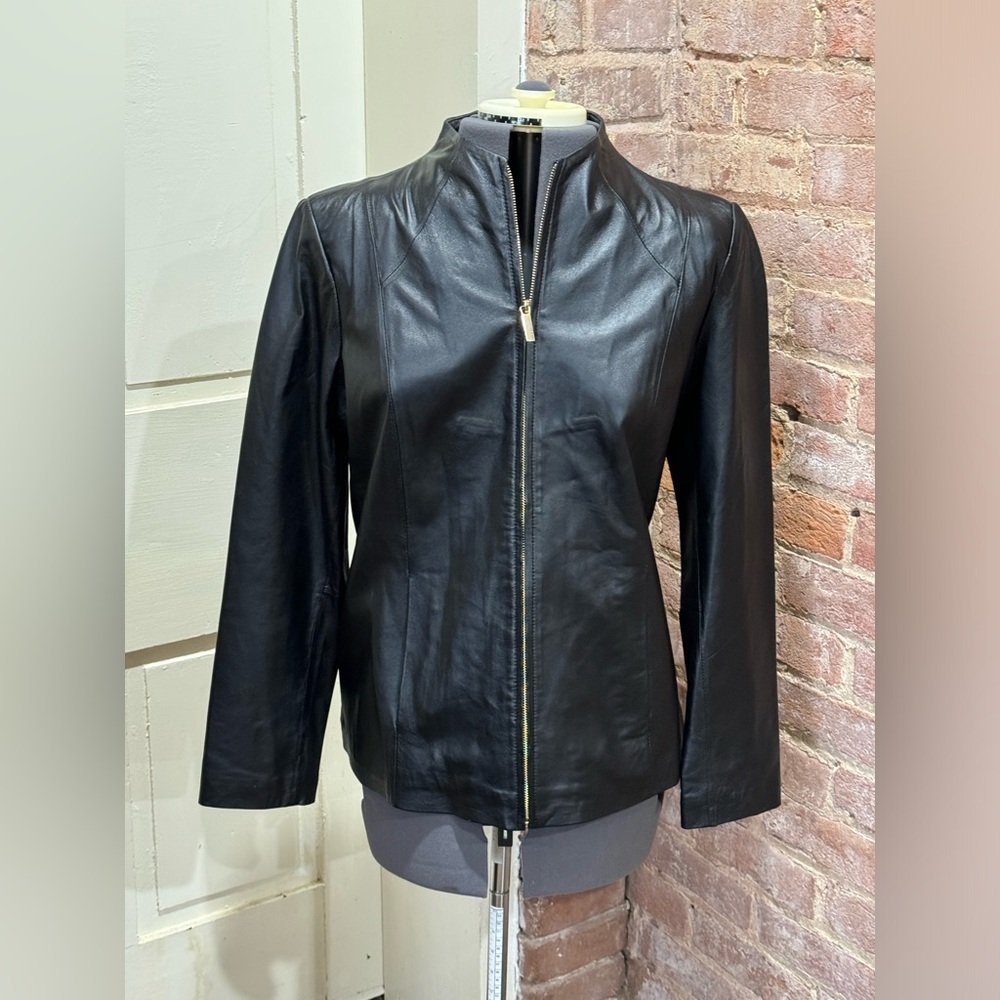 Neiman Marcus Black Leather Zip-Front Jacket with Gold-Tone Hardware